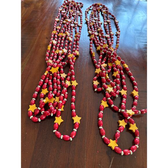 2 Vintage Wood Beads stars Christmas Garlands 20 ft ea. Red Yellow wooden decor - Picture 3 of 13